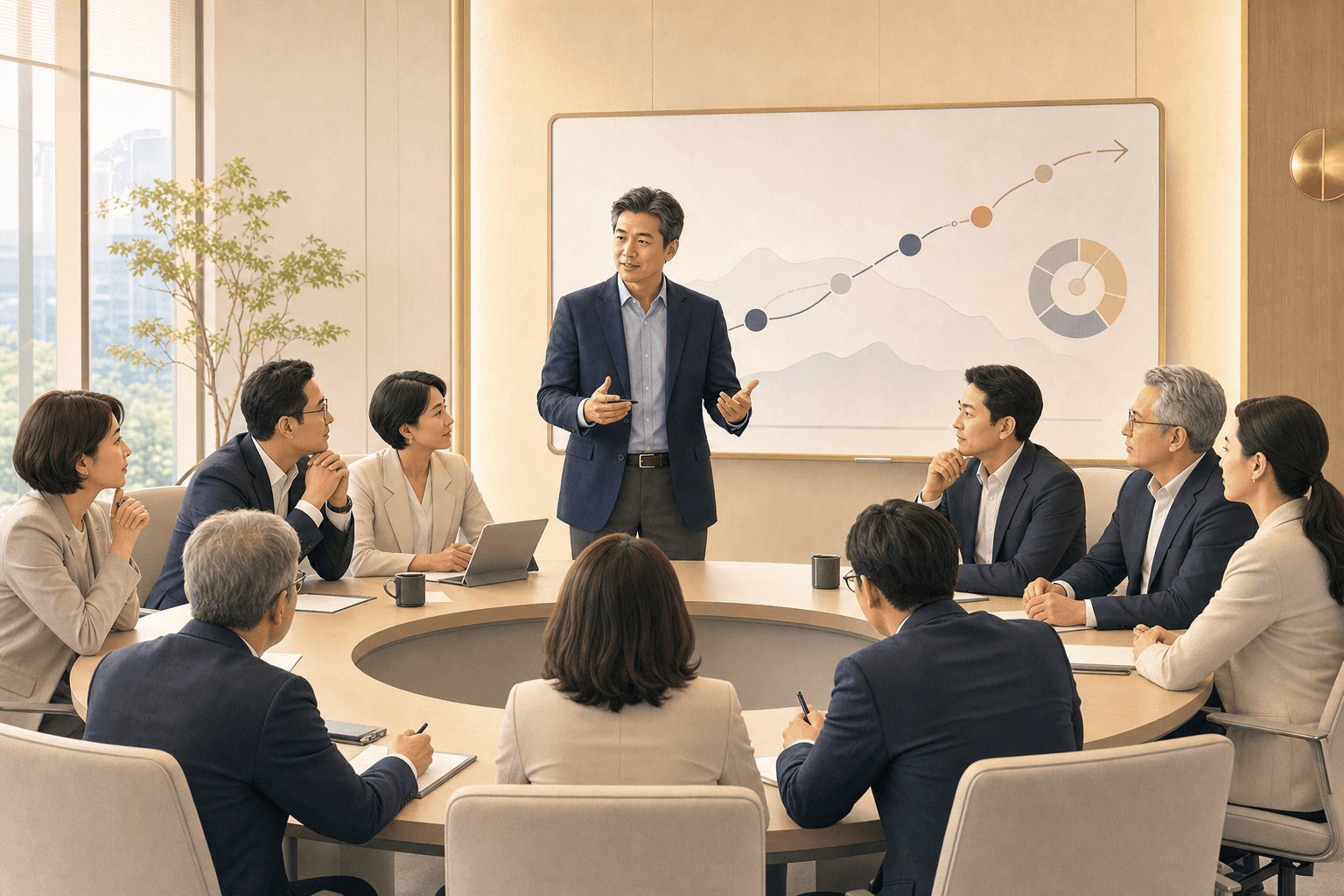 여러 기업의 경영진이 디지털 전환의 실행 조건을 함께 논의하는 교육 현장